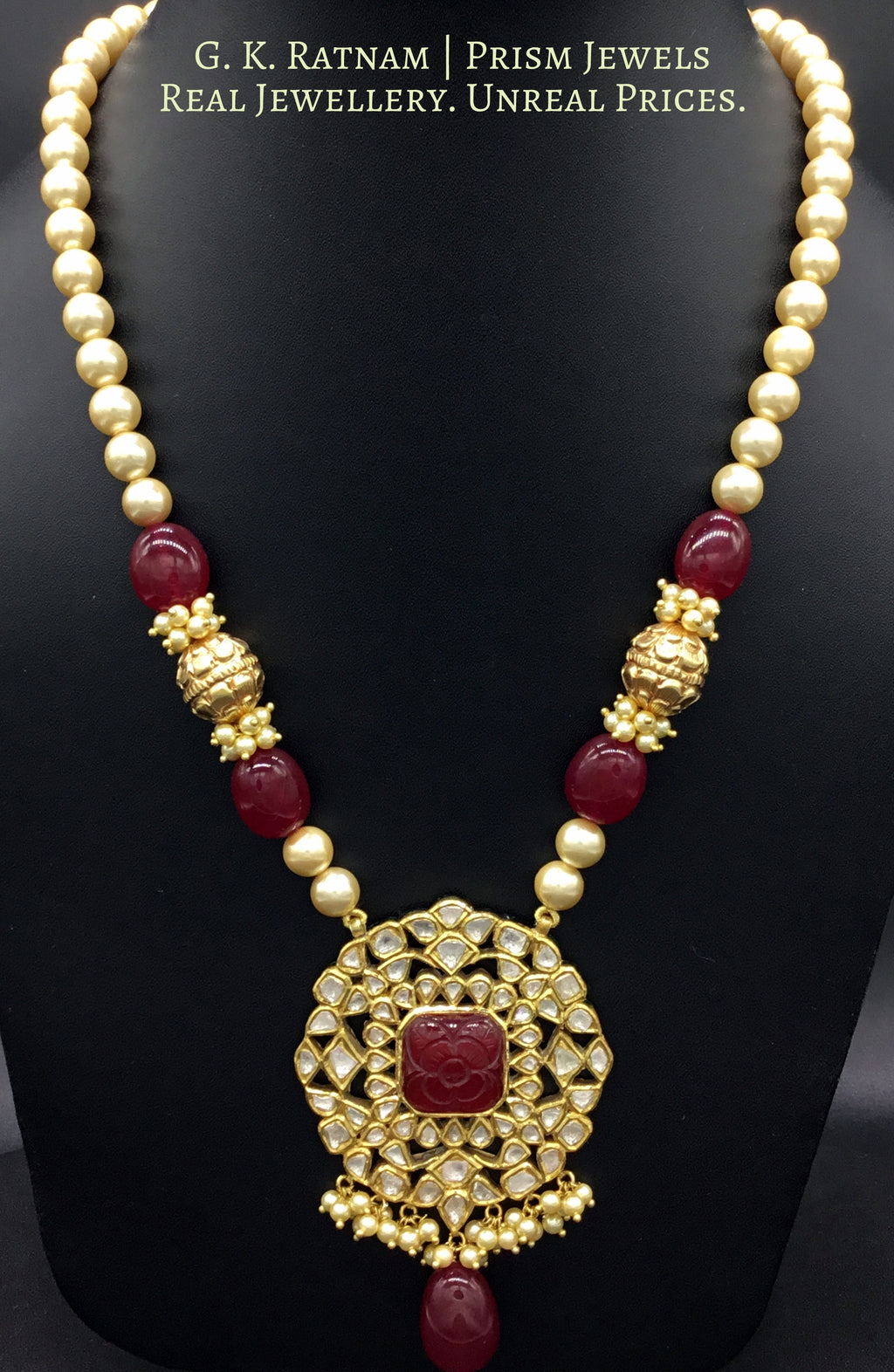 Traditional Gold and Diamond Polki carved-red-center Pendant Set with pearls and handcarved golden beads - G. K. Ratnam