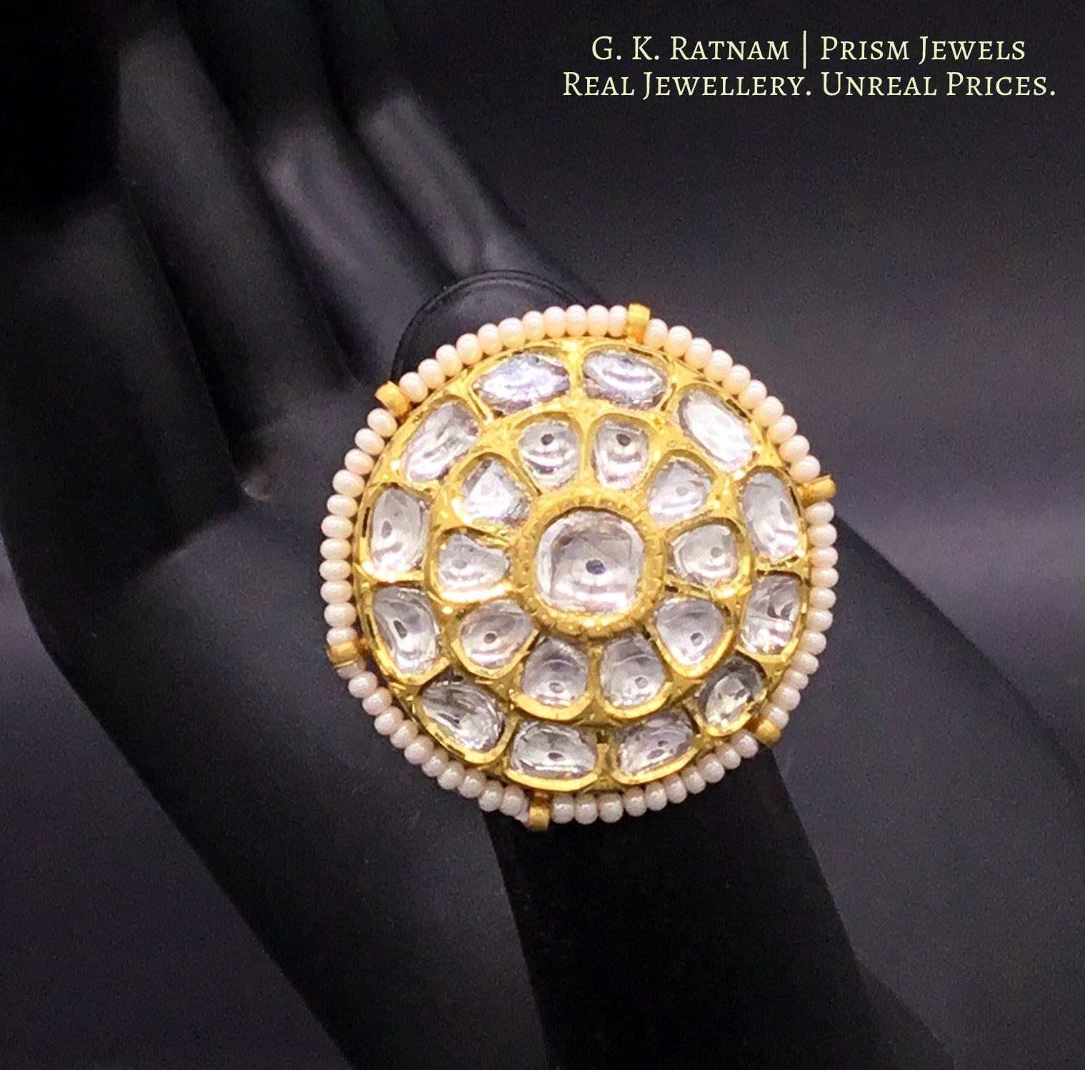 18k Gold and Diamond Polki Round Ring with Chid Pearl Outlining - G. K. Ratnam