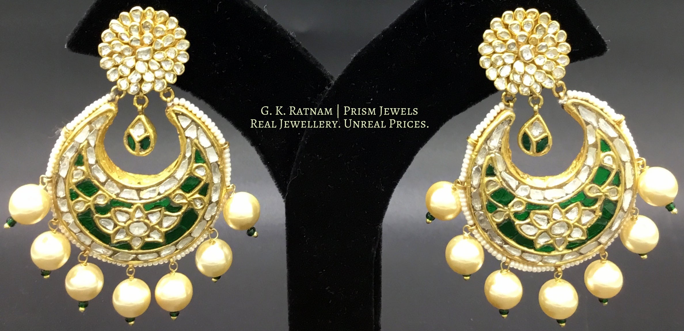 23k Gold and Diamond Polki Chand Bali Earring Pair with emerald-grade green stones - G. K. Ratnam