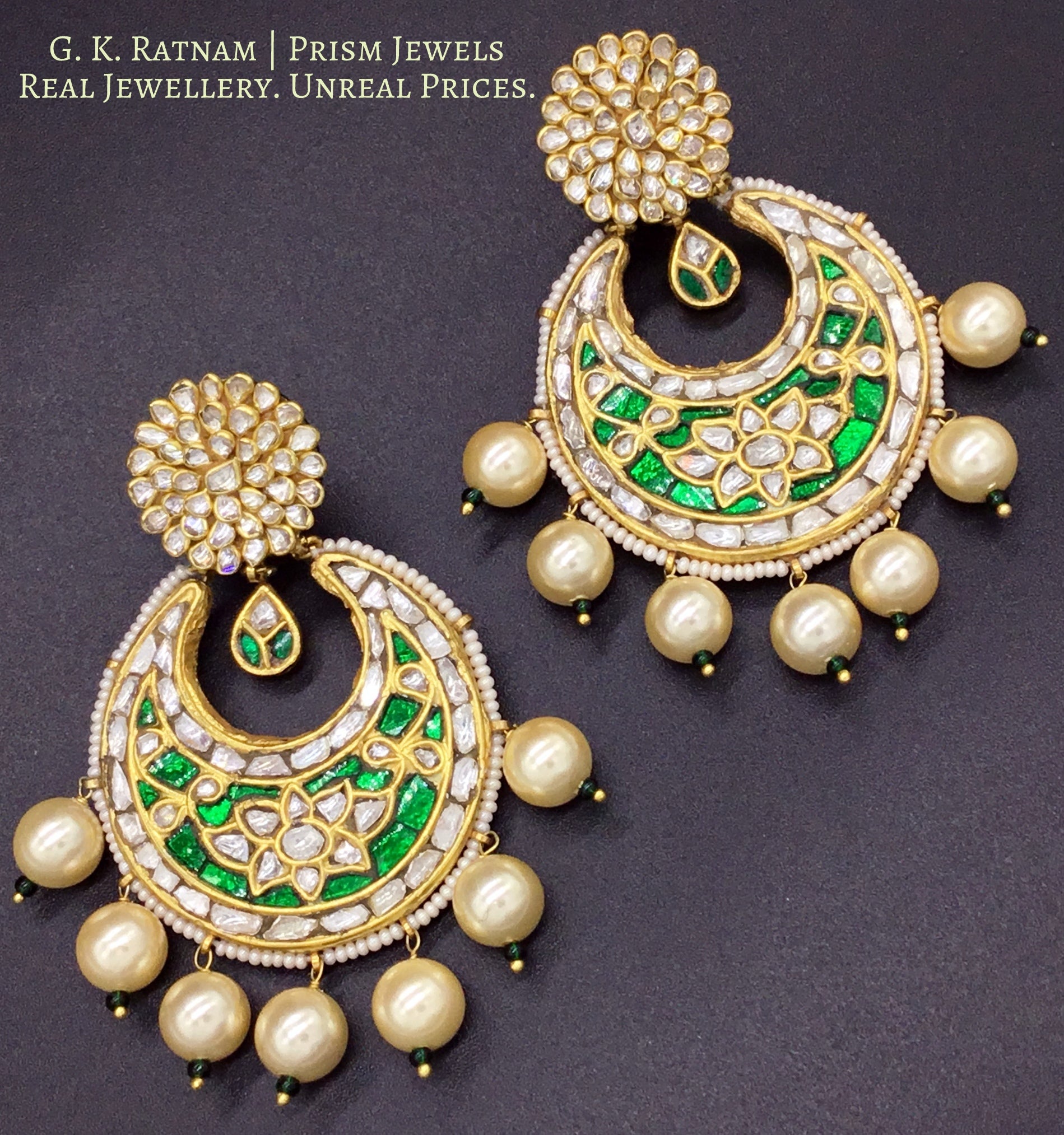 23k Gold and Diamond Polki Chand Bali Earring Pair with emerald-grade green stones - G. K. Ratnam