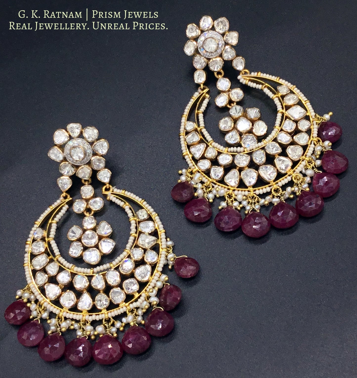 18k Gold and Diamond Polki Open Setting Chand Bali with Rubies - G. K. Ratnam