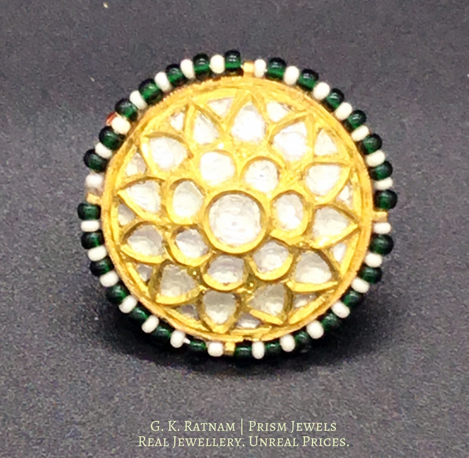 22k Gold and Diamond Polki Borla with Pearls and Green Beads - G. K. Ratnam