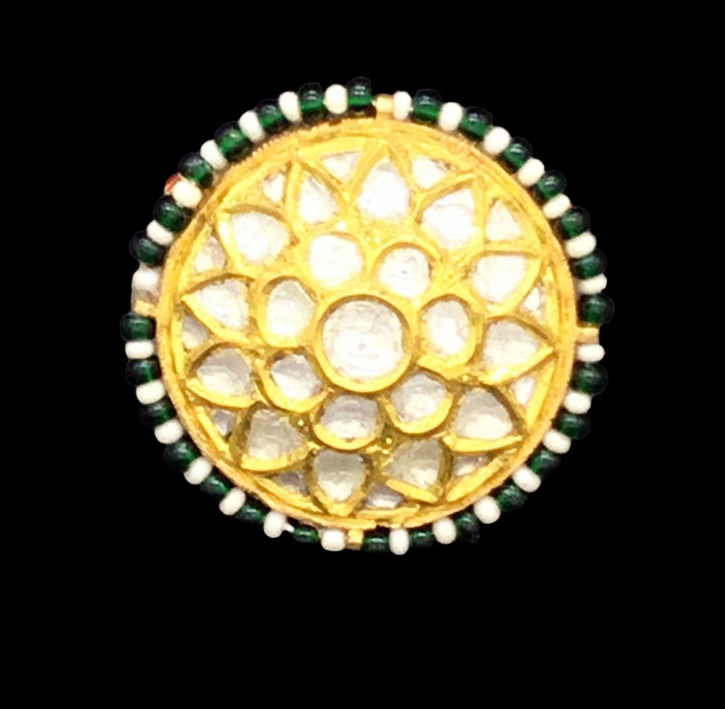 22k Gold and Diamond Polki Borla with Pearls and Green Beads - G. K. Ratnam