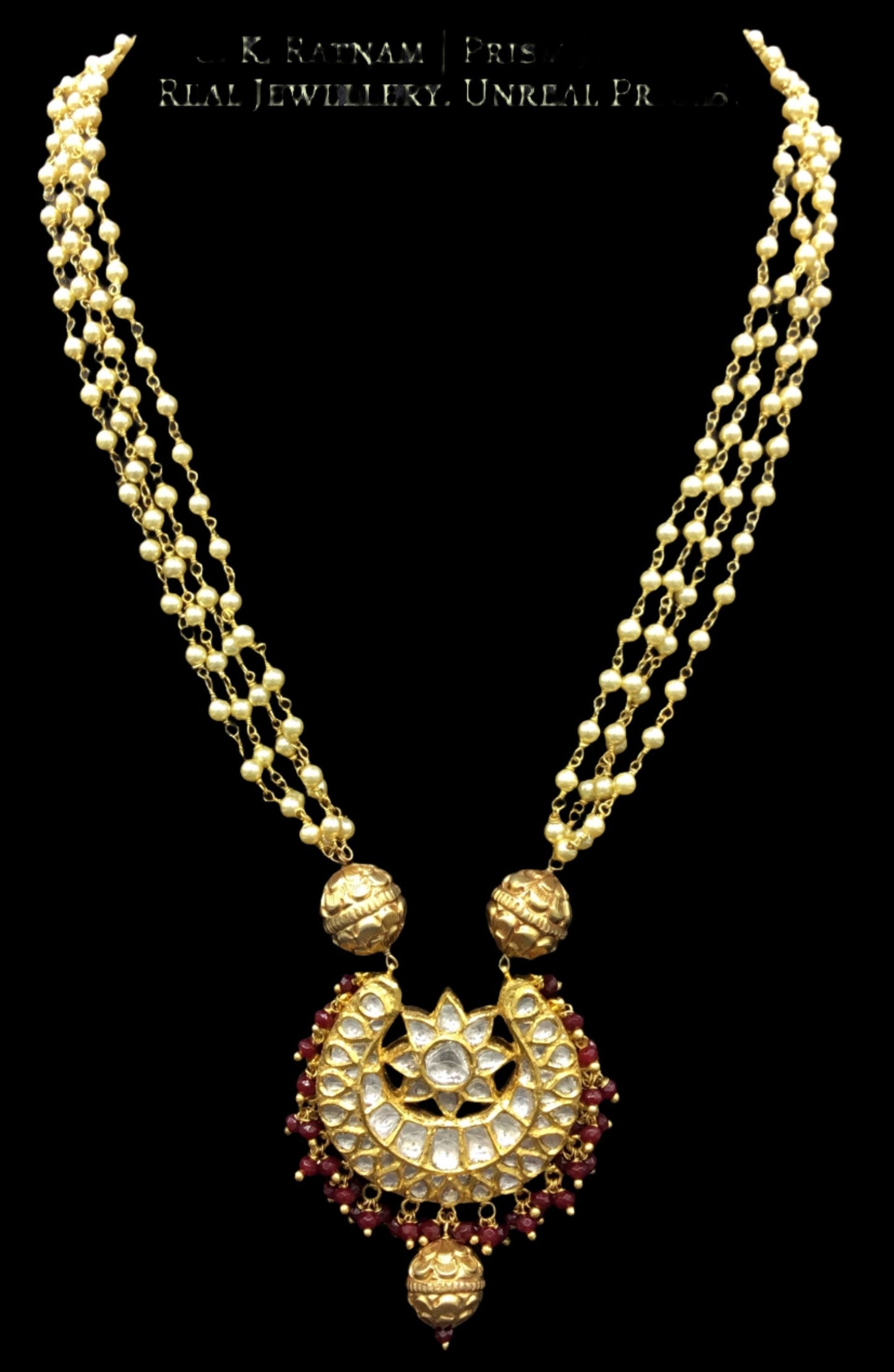 18k Gold and Diamond Polki Chand Pendant with Pearl Chains and Ruby Beads - G. K. Ratnam