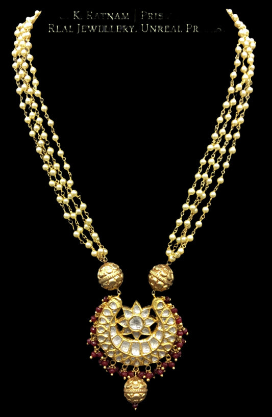 18k Gold and Diamond Polki Chand Pendant with Pearl Chains and Ruby Beads - G. K. Ratnam
