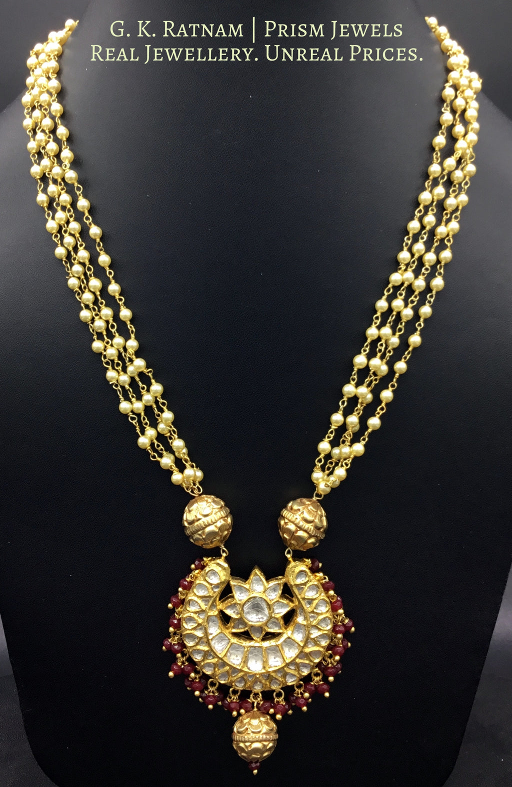 18k Gold and Diamond Polki Chand Pendant with Pearl Chains and Ruby Beads - G. K. Ratnam