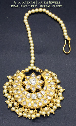 18k Gold and Diamond Polki Crescent Maang Tika with triple-coated shell pearls - G. K. Ratnam