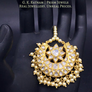 18k Gold and Diamond Polki Crescent Maang Tika with triple-coated shell pearls - G. K. Ratnam