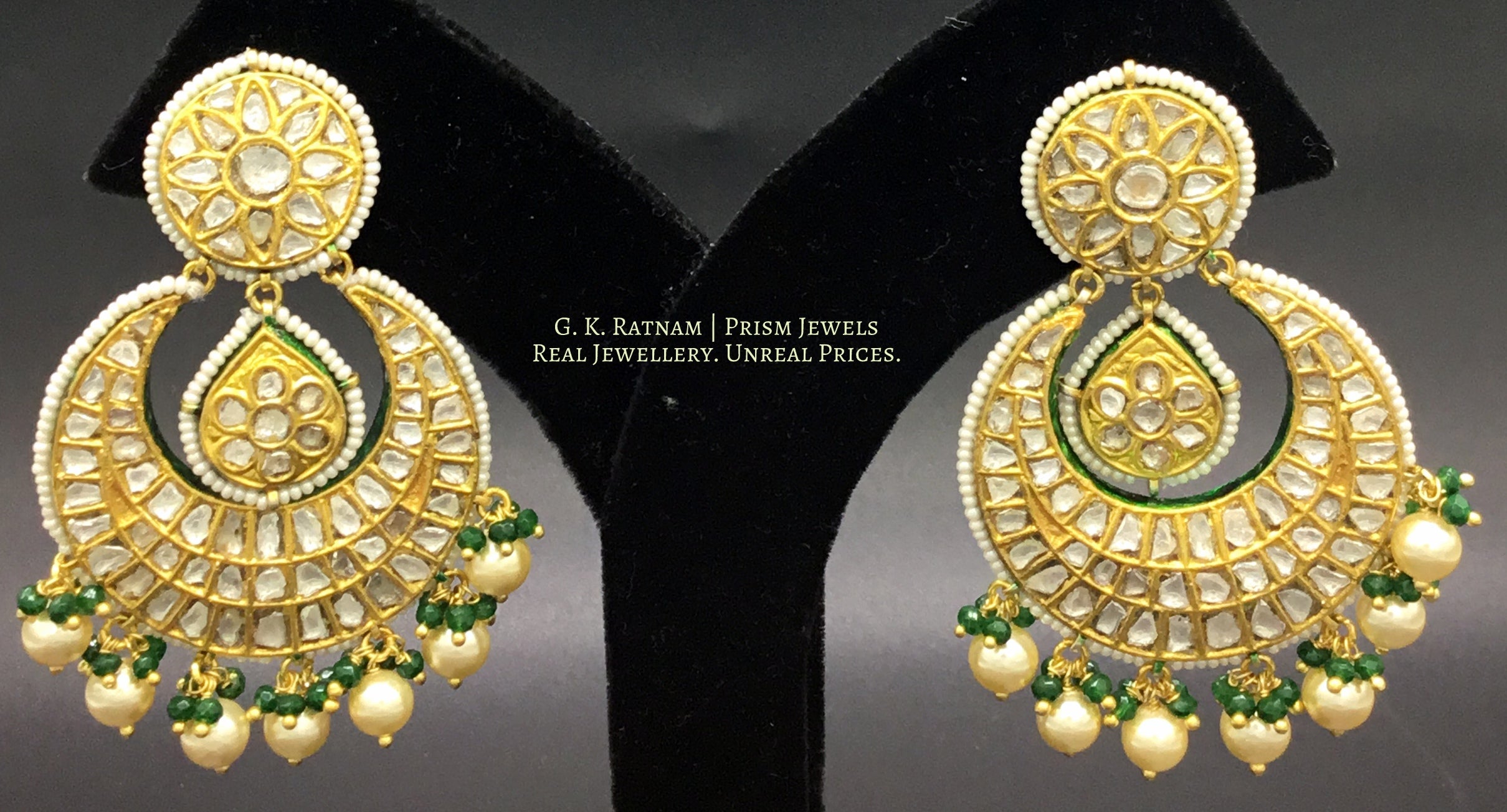 23k Gold and Diamond Polki Chand Bali Earring Pair with pearls and green beads - G. K. Ratnam