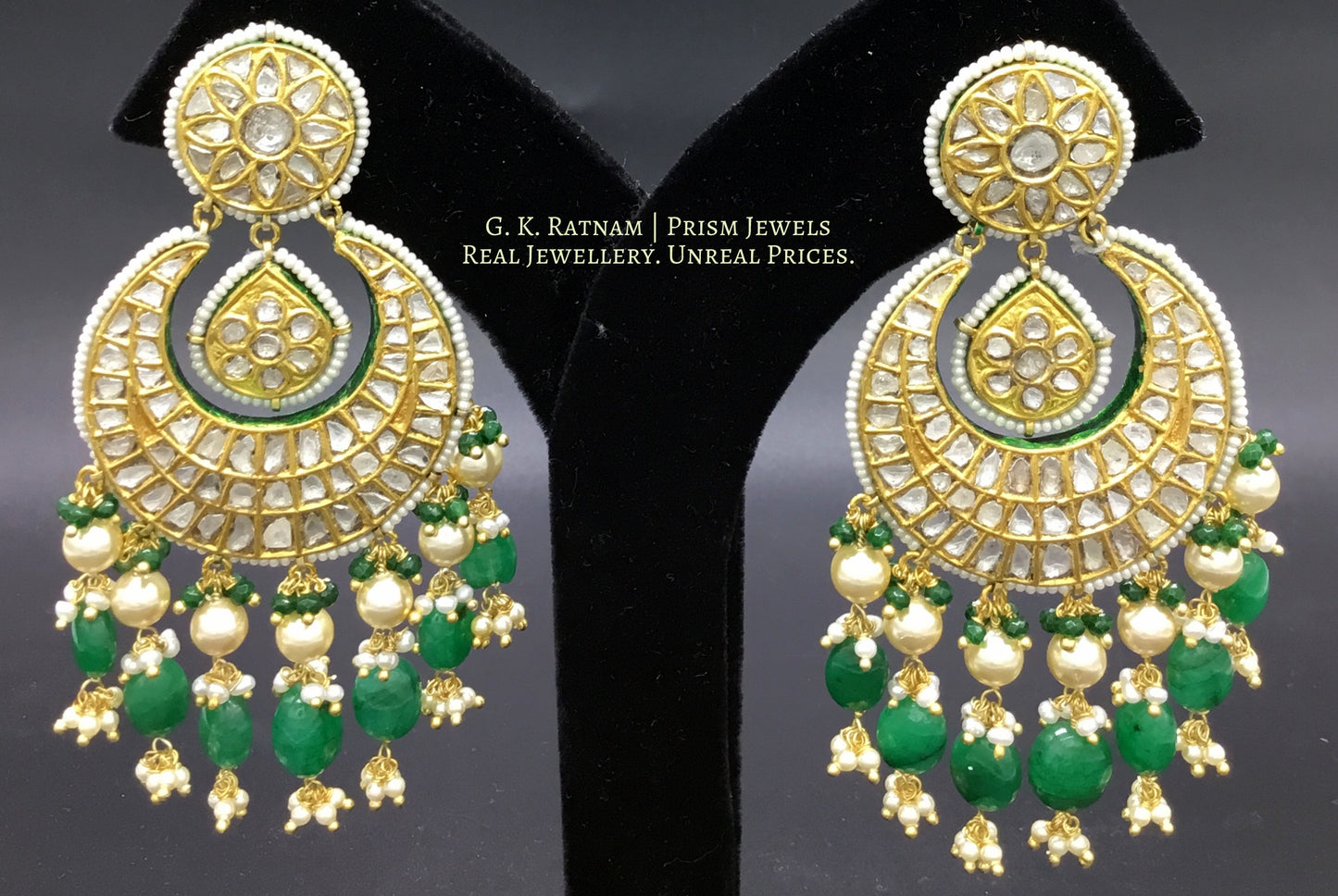 23k Gold and Diamond Polki Chand Bali Earring Pair with chandelier-like stringing of pearls and emerald-grade beryls - G. K. Ratnam