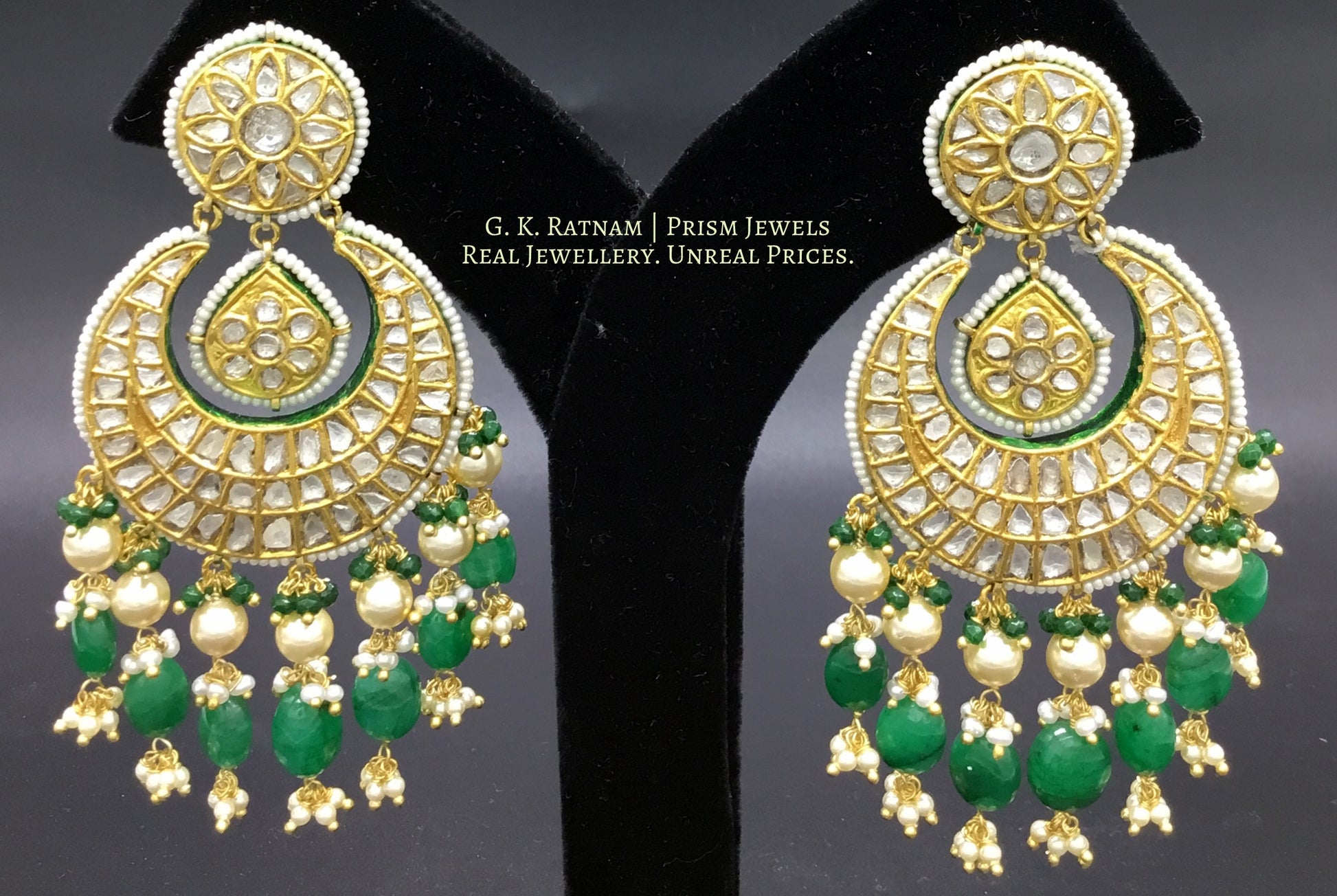23k Gold and Diamond Polki Chand Bali Earring Pair with chandelier-like stringing of pearls and emerald-grade beryls - G. K. Ratnam