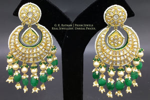 23k Gold and Diamond Polki Chand Bali Earring Pair with chandelier-like stringing of pearls and emerald-grade beryls - G. K. Ratnam