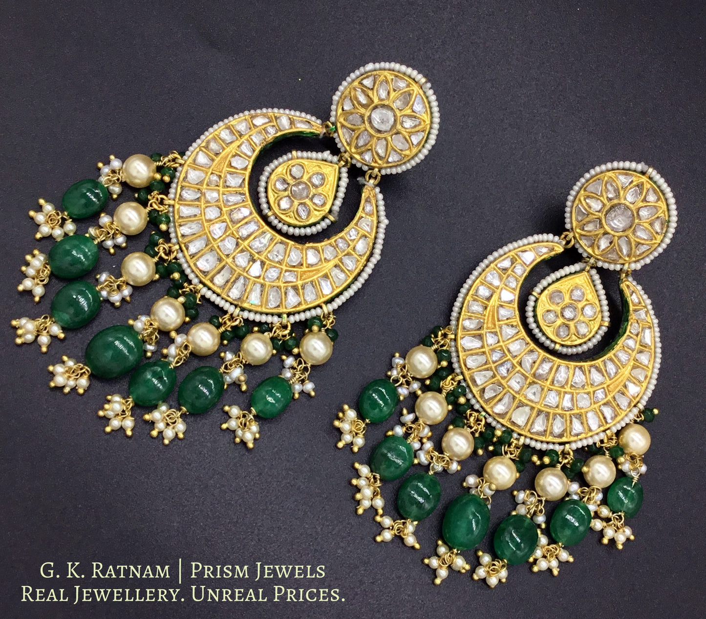 23k Gold and Diamond Polki Chand Bali Earring Pair with chandelier-like stringing of pearls and emerald-grade beryls - G. K. Ratnam