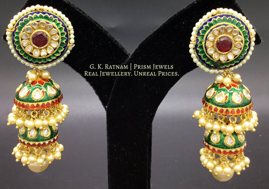 23k Gold and Diamond Polki Pacchi Tops and two-layered Jhumki Earring Pair with intricate green and red enamelling - G. K. Ratnam