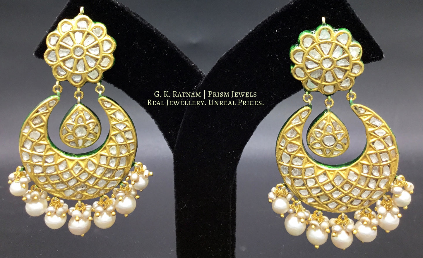 23k Gold and Diamond Polki Chand Bali Earring Pair with triple-coated shell pearls - G. K. Ratnam