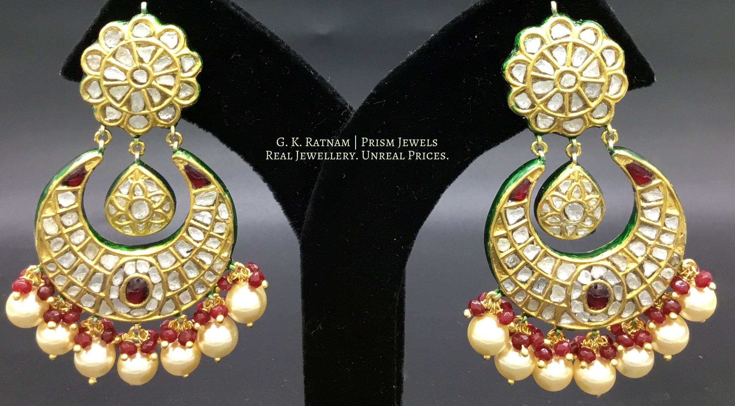 23k Gold and Diamond Polki Chand Bali Earring Pair with rubies and pearls - G. K. Ratnam
