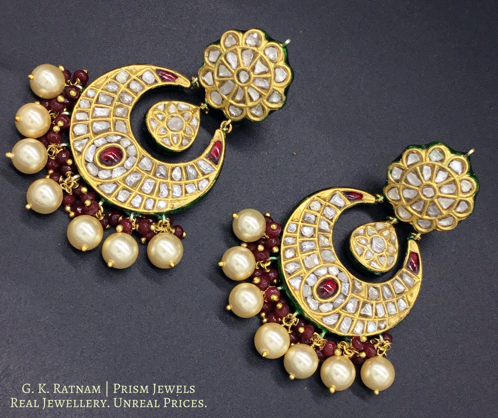 23k Gold and Diamond Polki Chand Bali Earring Pair with rubies and pearls - G. K. Ratnam