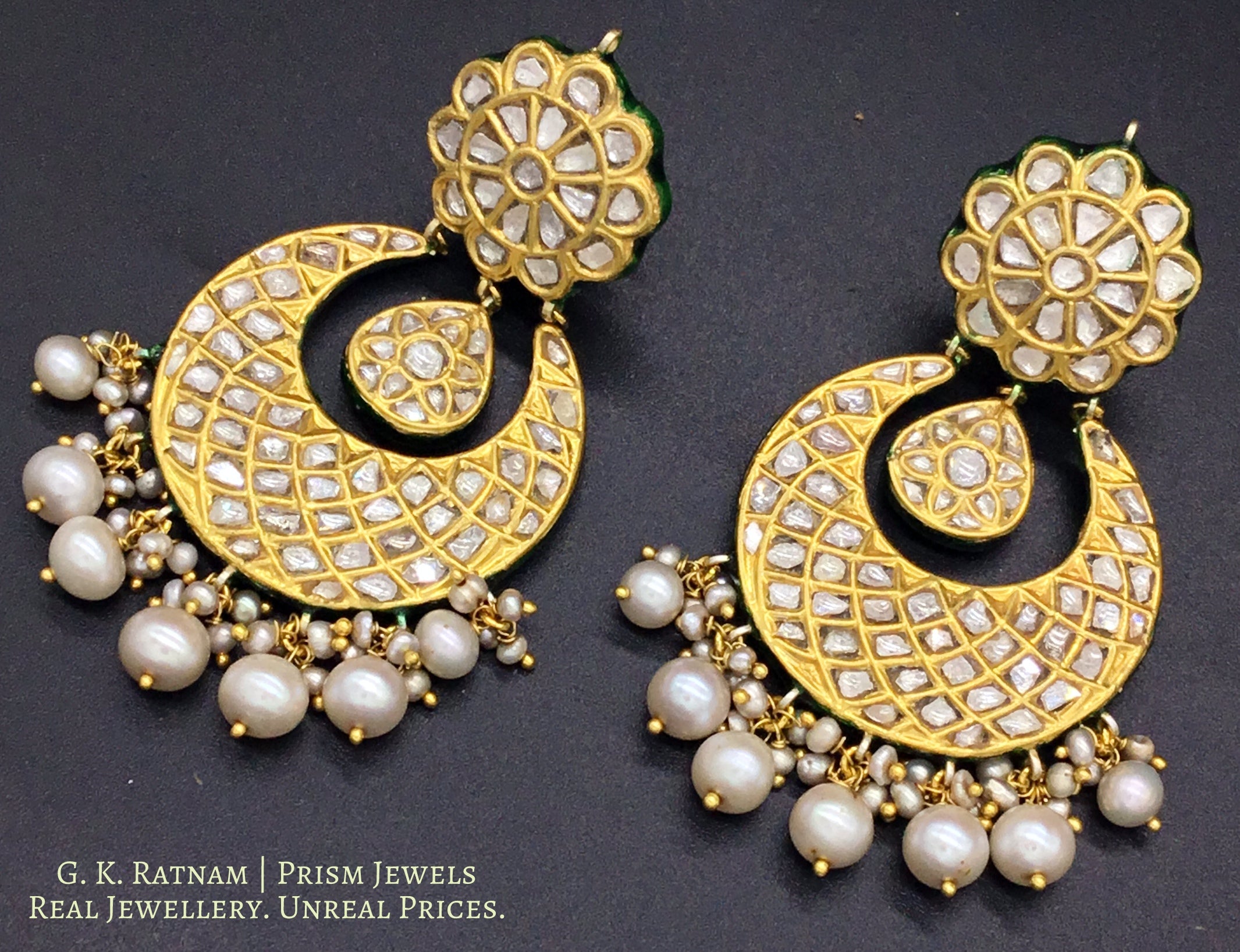 23k Gold and Diamond Polki Chand Bali Earring Pair with triple-coated shell pearls - G. K. Ratnam