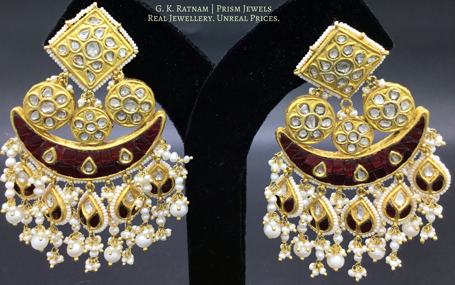 23k Gold and Diamond Polki Chandelier Earring Pair with ruby-red stones - G. K. Ratnam