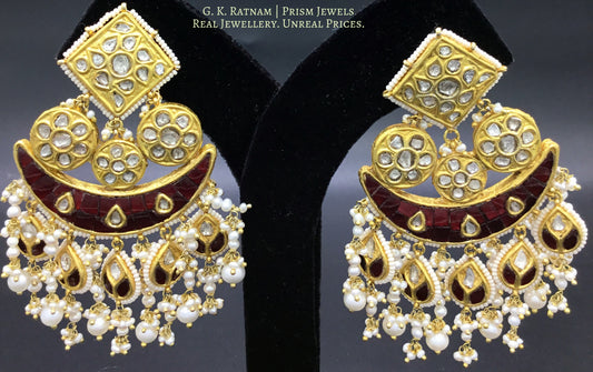 23k Gold and Diamond Polki Chandelier Earring Pair with ruby-red stones - G. K. Ratnam