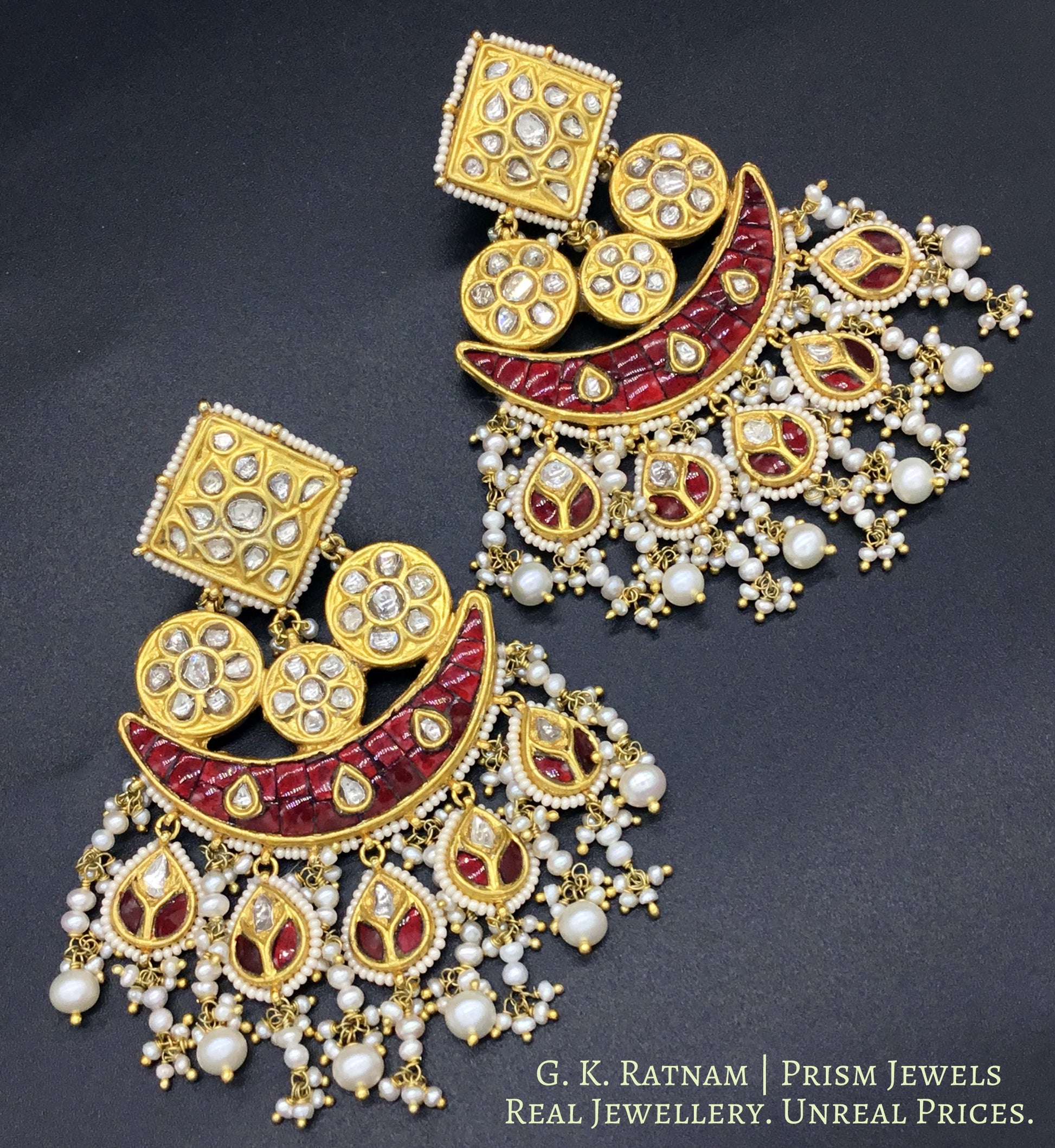 23k Gold and Diamond Polki Chandelier Earring Pair with ruby-red stones - G. K. Ratnam