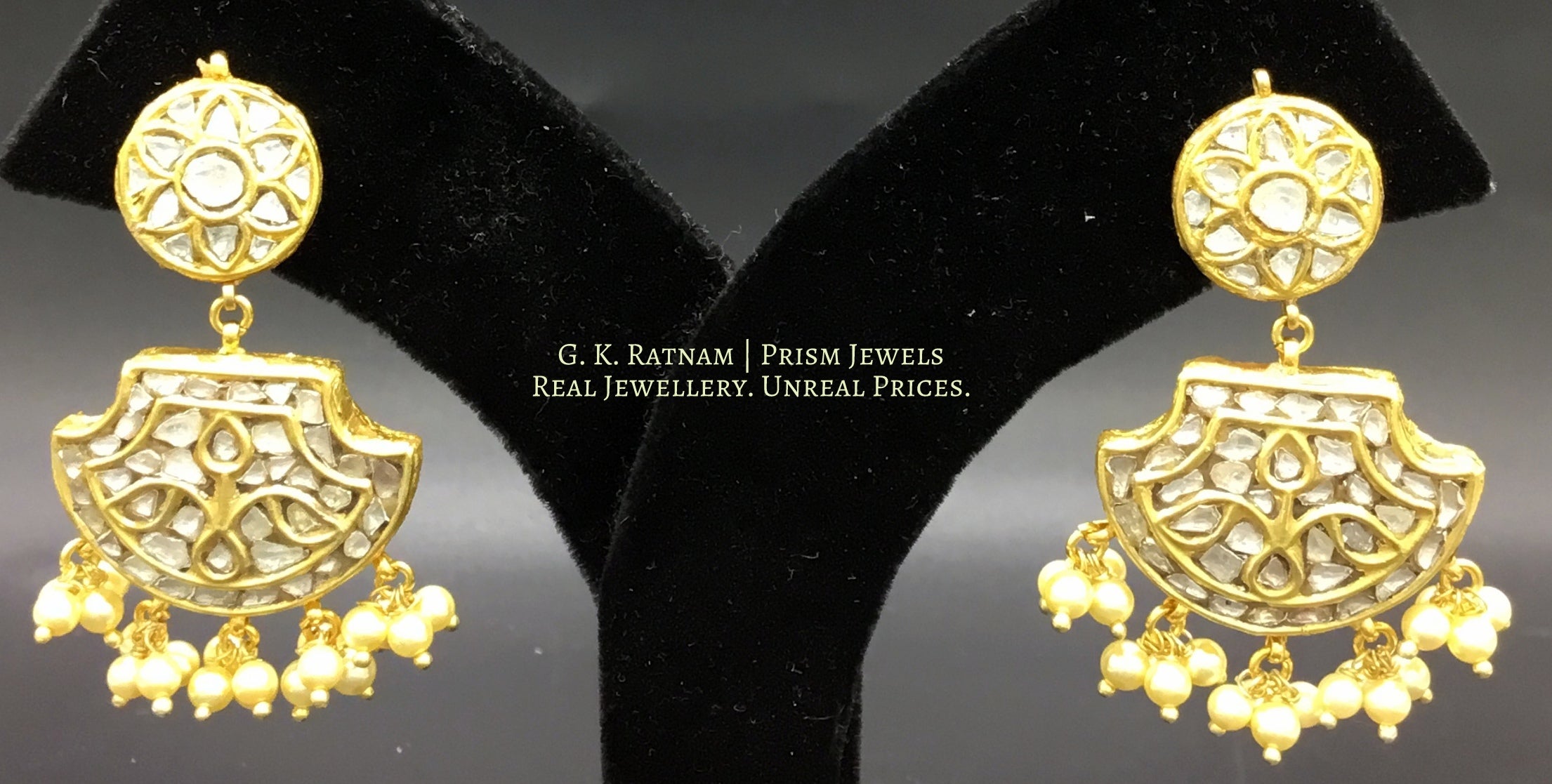 23k Gold and Diamond Polki two-step Long Earring Pair with pankhi (fan) shaped hanging - G. K. Ratnam