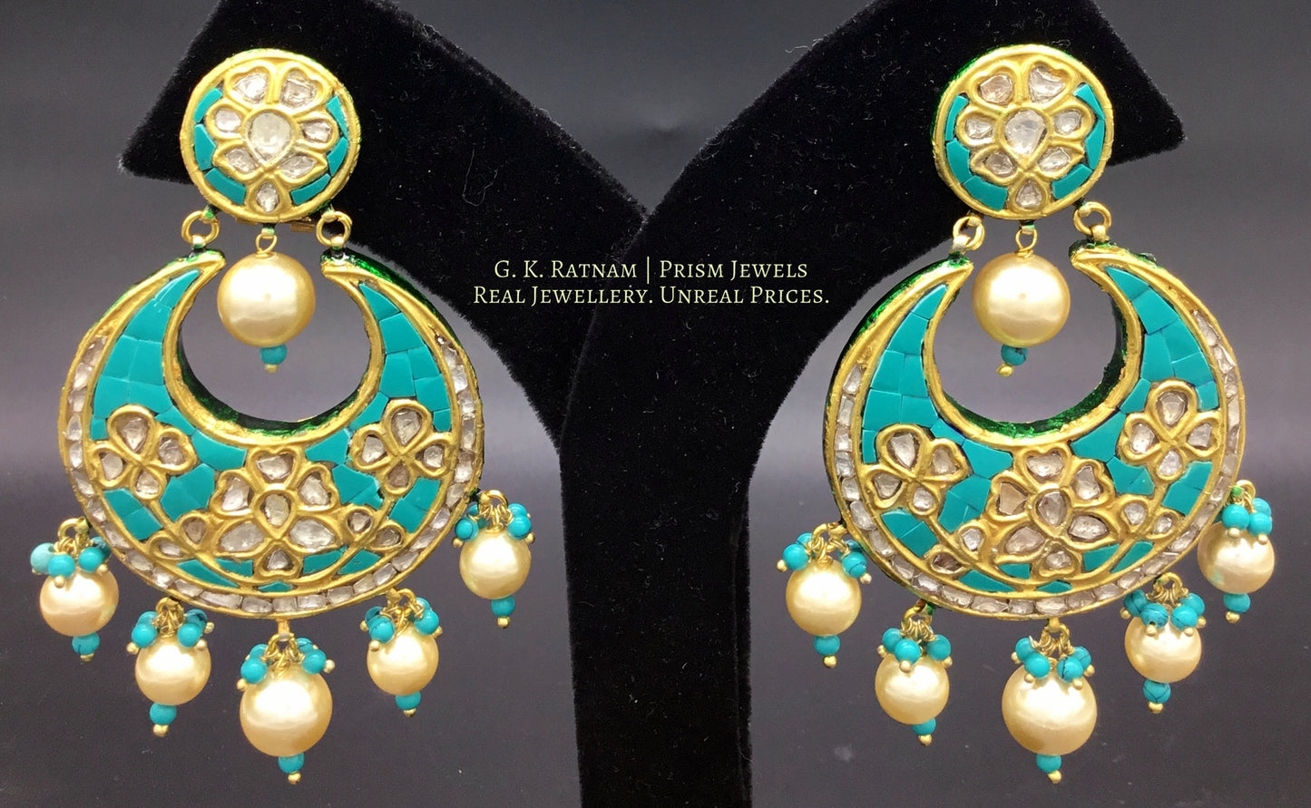 23k Gold and DIamond Polki Chand Bali Earring Pair with Turquoise Setting - G. K. Ratnam