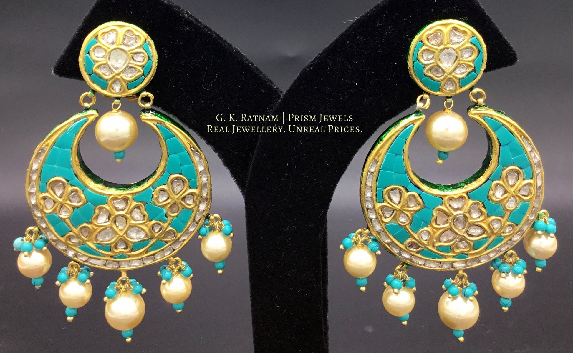 23k Gold and DIamond Polki Chand Bali Earring Pair with Turquoise Setting - G. K. Ratnam