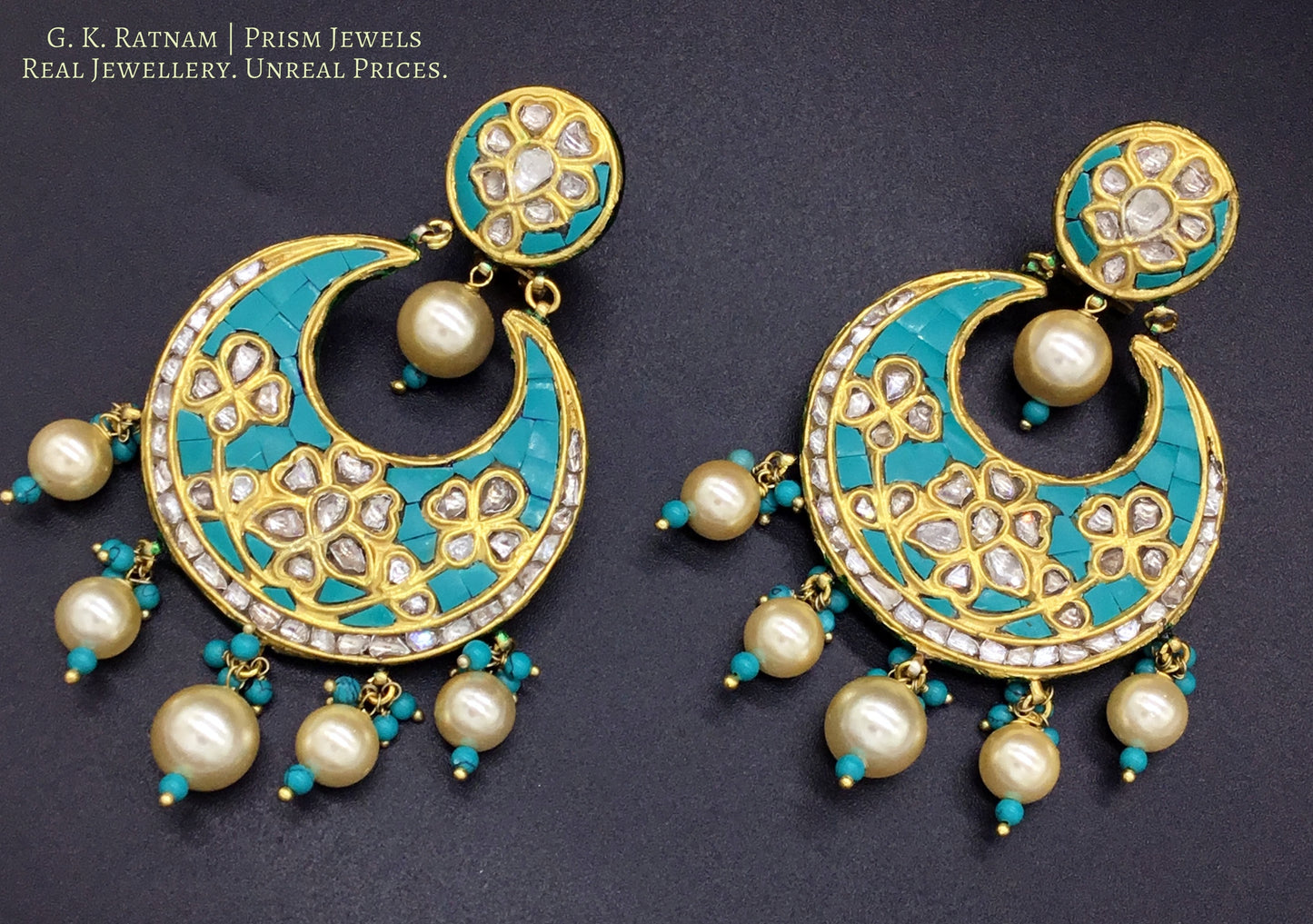 23k Gold and DIamond Polki Chand Bali Earring Pair with Turquoise Setting - G. K. Ratnam