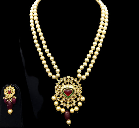 Traditional Gold and Diamond Polki red-center Pendant Set with double strands of lustrous pearls - G. K. Ratnam