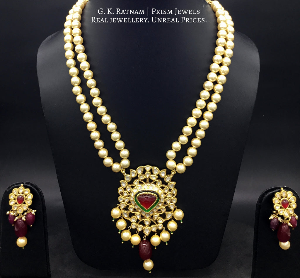 Traditional Gold and Diamond Polki red-center Pendant Set with double ...