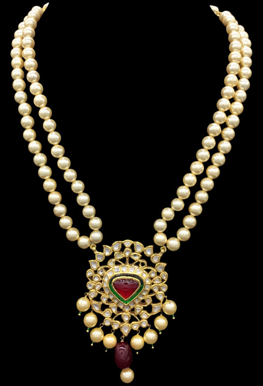 Traditional Gold and Diamond Polki red-center Pendant Set with double strands of lustrous pearls - G. K. Ratnam