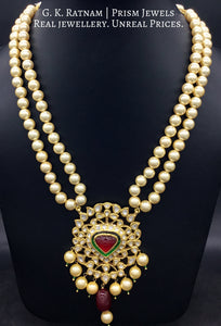 Traditional Gold and Diamond Polki red-center Pendant Set with double strands of lustrous pearls - G. K. Ratnam