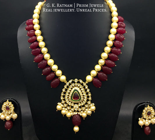 Traditional Gold and Diamond Polki rhodo-center Pendant Set with pearls and red quartz tumbles - G. K. Ratnam