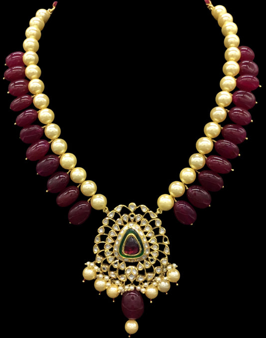 Traditional Gold and Diamond Polki rhodo-center Pendant Set with pearls and red quartz tumbles - G. K. Ratnam