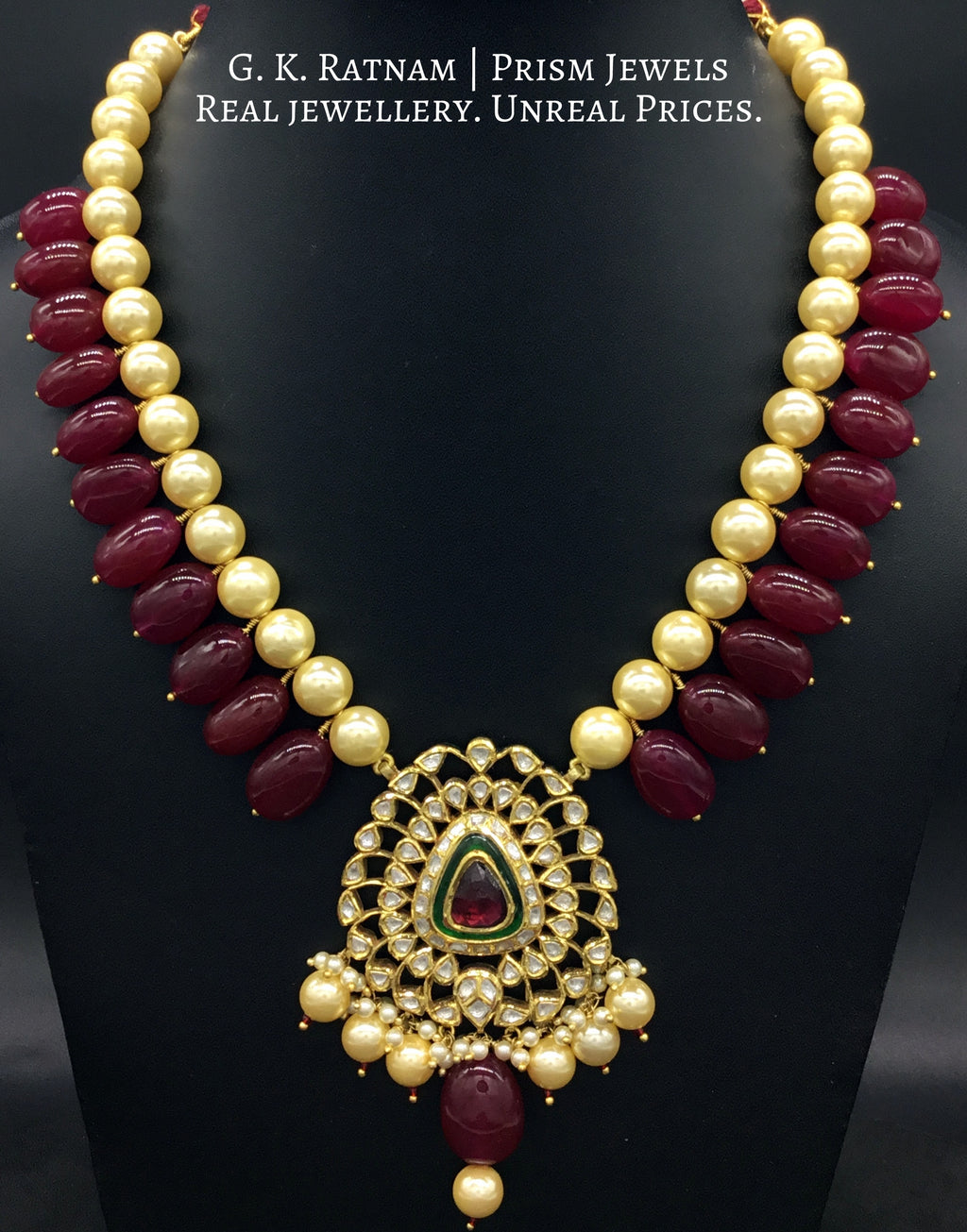 Traditional Gold and Diamond Polki rhodo-center Pendant Set with pearls and red quartz tumbles - G. K. Ratnam