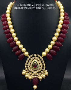 Traditional Gold and Diamond Polki rhodo-center Pendant Set with pearls and red quartz tumbles - G. K. Ratnam