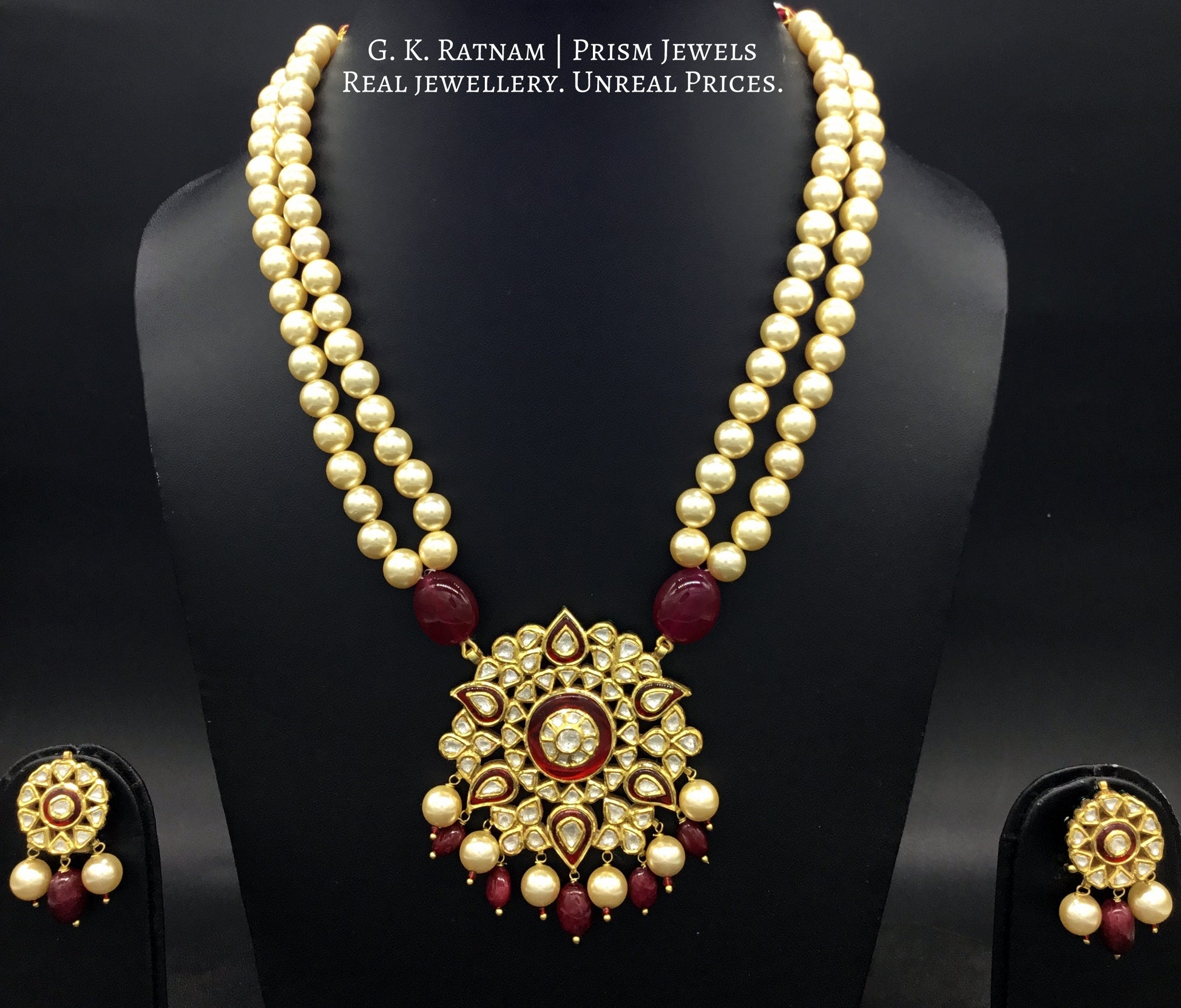Traditional Gold and Diamond Polki star-shaped Pendant Set with double strands of shiny pearls - G. K. Ratnam