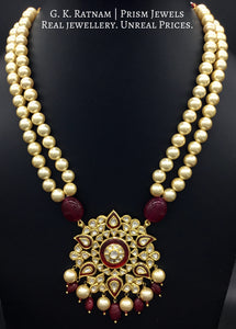 Traditional Gold and Diamond Polki star-shaped Pendant Set with double strands of shiny pearls - G. K. Ratnam