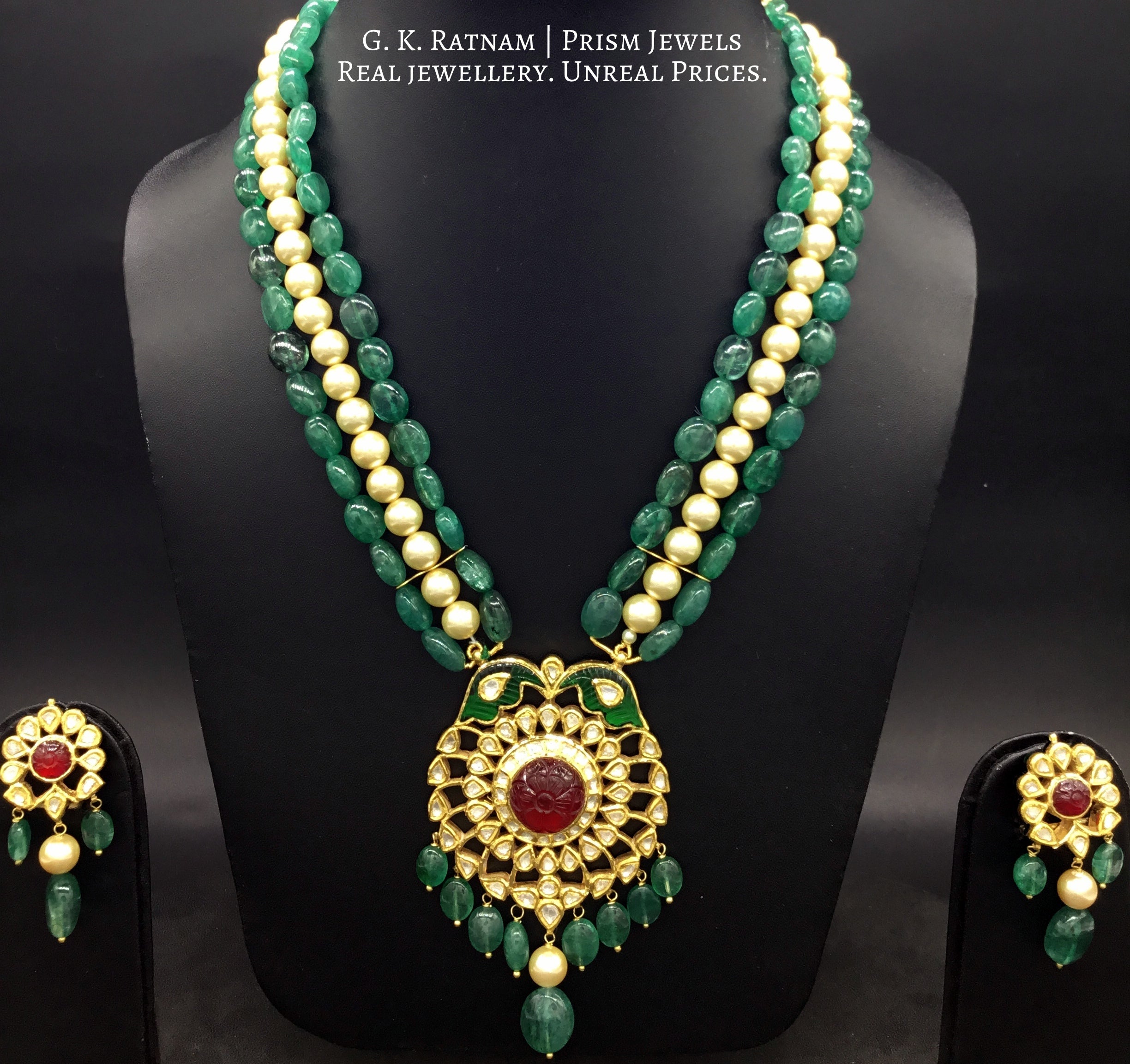 Traditional Gold and Diamond Polki carved-red-center Pendant Set with emerald-grade beryls and pearls - G. K. Ratnam