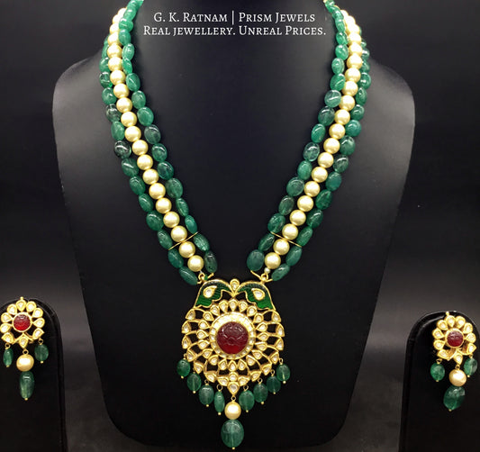 Traditional Gold and Diamond Polki carved-red-center Pendant Set with emerald-grade beryls and pearls - G. K. Ratnam