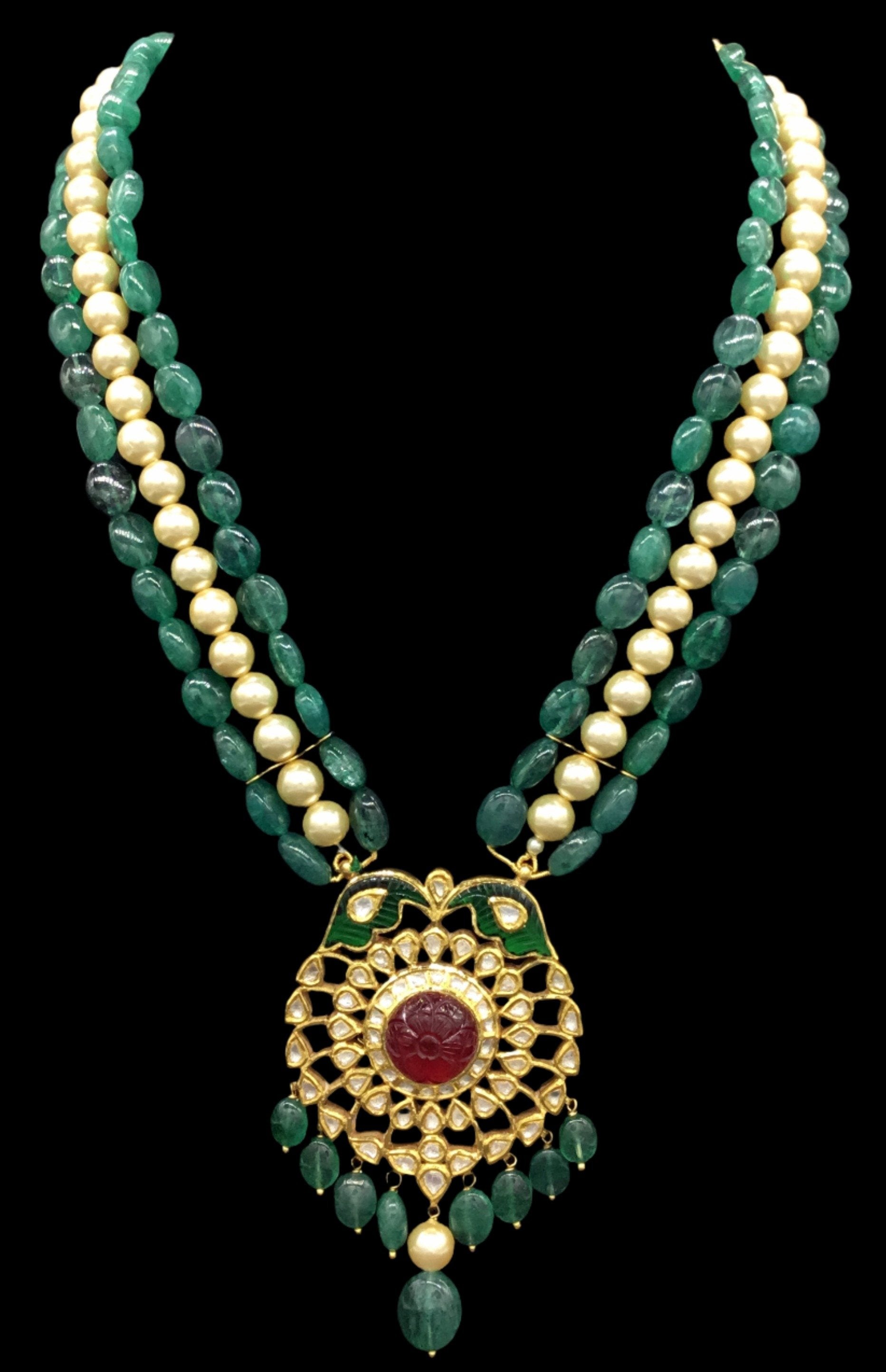 Traditional Gold and Diamond Polki carved-red-center Pendant Set with emerald-grade beryls and pearls - G. K. Ratnam