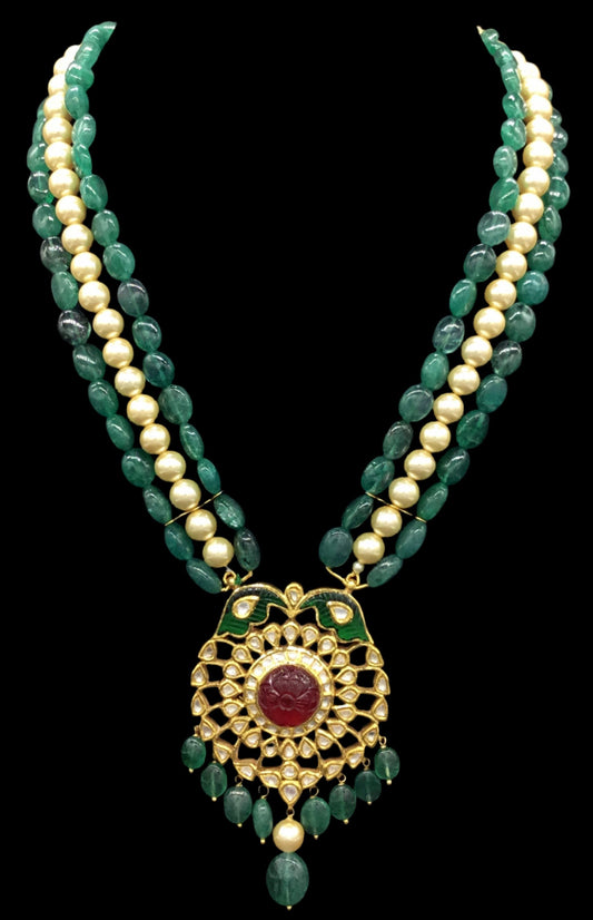 Traditional Gold and Diamond Polki carved-red-center Pendant Set with emerald-grade beryls and pearls - G. K. Ratnam