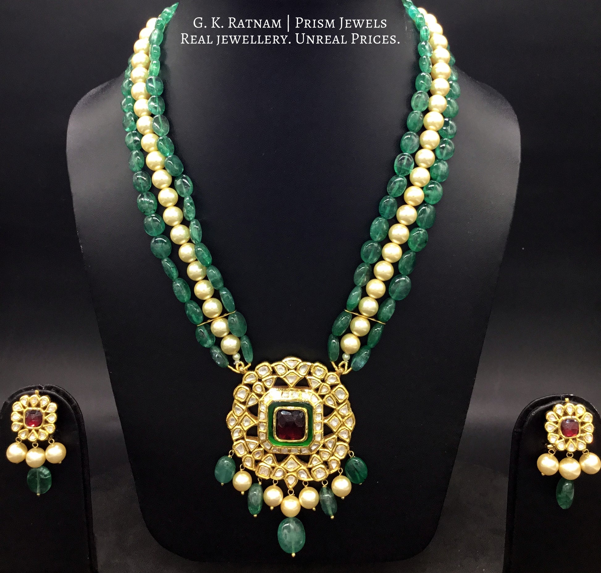 Traditional Gold and Diamond Polki rhodo-center Pendant Set with emerald-grade beryls and pearls - G. K. Ratnam