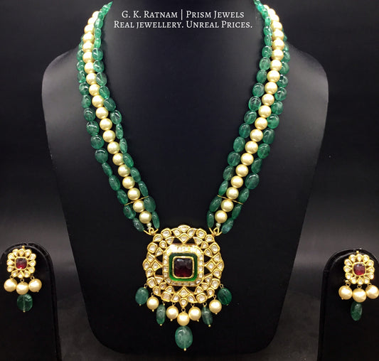 Traditional Gold and Diamond Polki rhodo-center Pendant Set with emerald-grade beryls and pearls - G. K. Ratnam