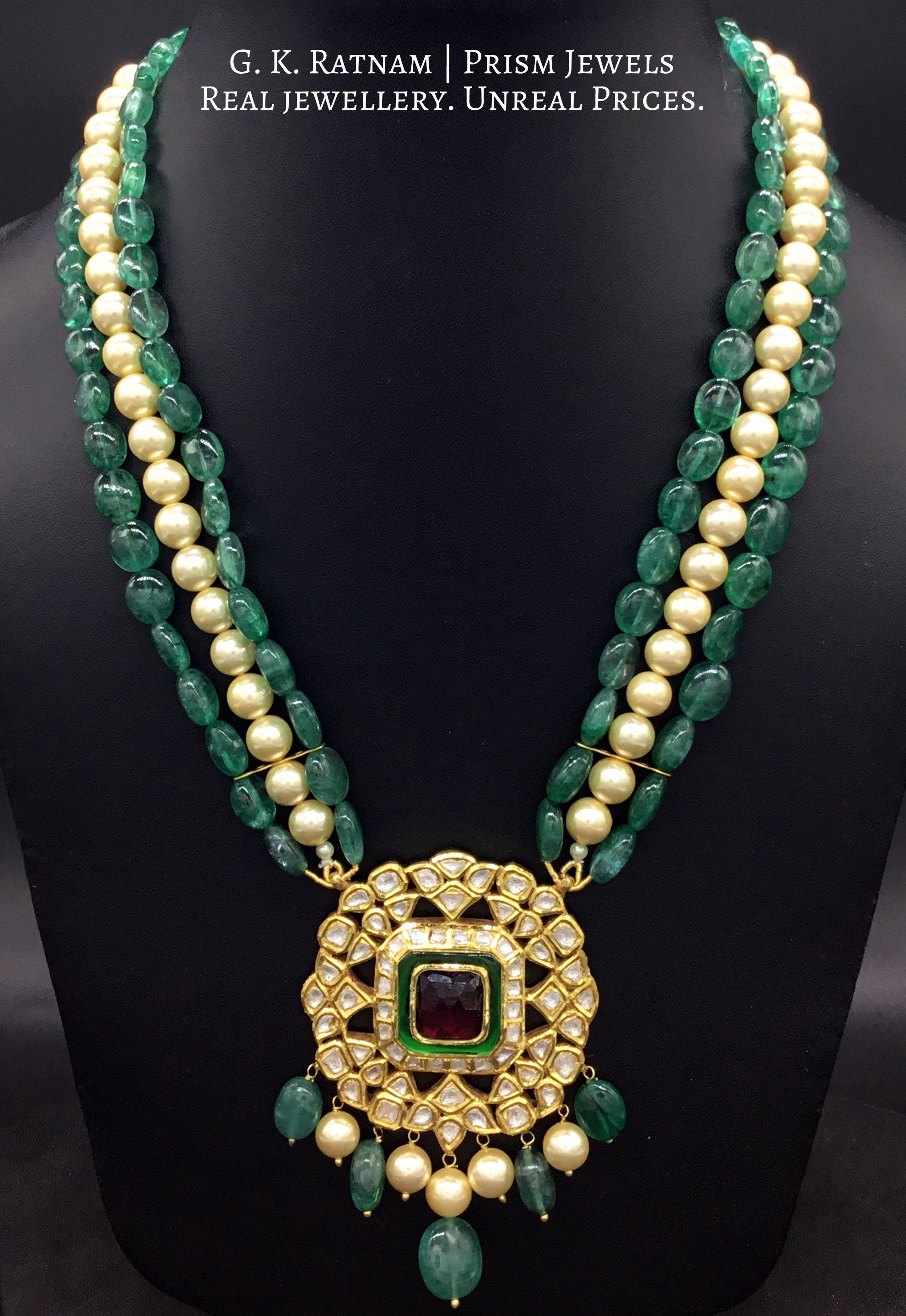 Traditional Gold and Diamond Polki rhodo-center Pendant Set with emerald-grade beryls and pearls - G. K. Ratnam