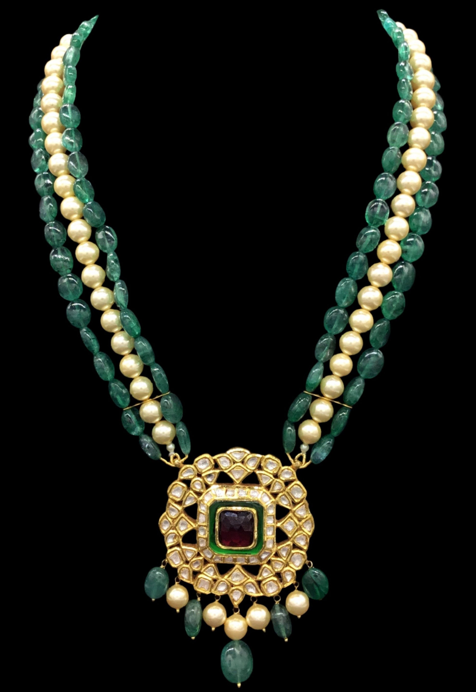 Traditional Gold and Diamond Polki rhodo-center Pendant Set with emerald-grade beryls and pearls - G. K. Ratnam