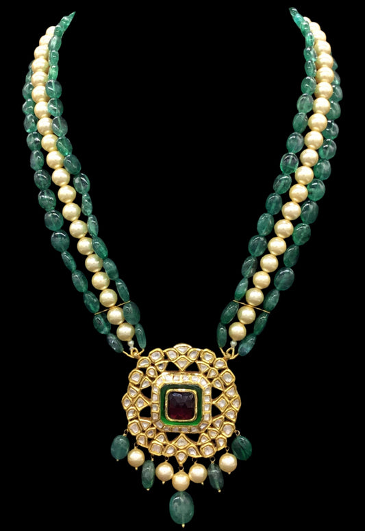 Traditional Gold and Diamond Polki rhodo-center Pendant Set with emerald-grade beryls and pearls - G. K. Ratnam