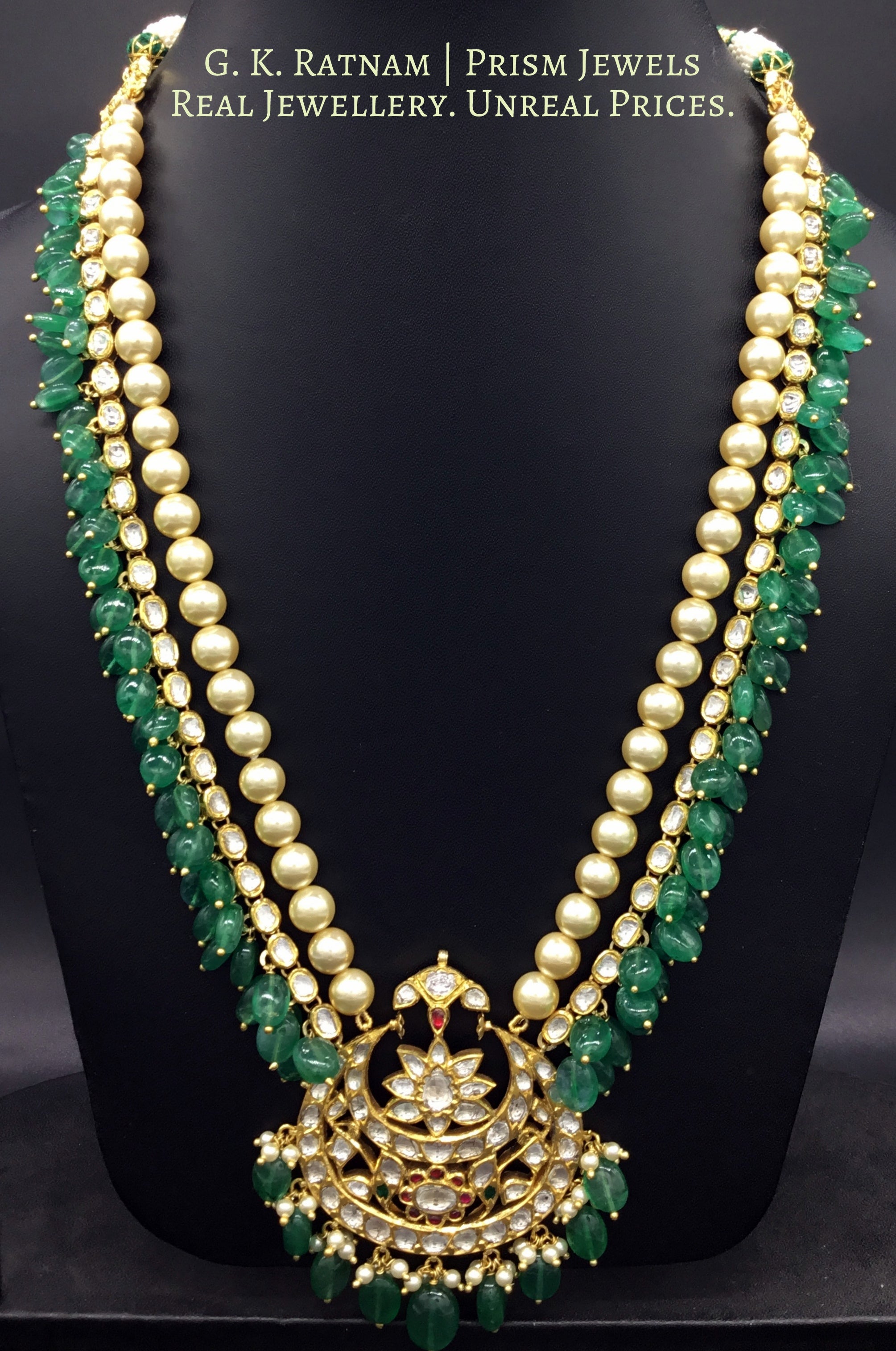 18k Gold and Diamond Polki chand-shaped Pendant strung to uncut ovals enhanced with Green Beryls - G. K. Ratnam