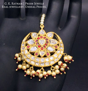 18k Gold and Diamond Polki Maang Tika with a hint of red - G. K. Ratnam